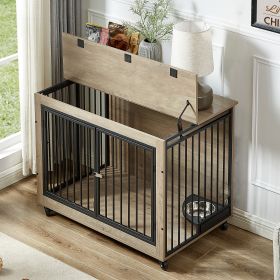 Furniture Style Dog Crate Side Table With Rotatable Feeding Bowl, Wheels, Three Doors, Flip-Up Top Opening. Indoor, Grey, 38.58"W x 25.2"D x 27.17"H