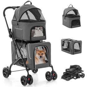 Double Pet Stroller Foldable 3-in-1 Dog Stroller with 2 Detachable Carriers (Color: Gray)